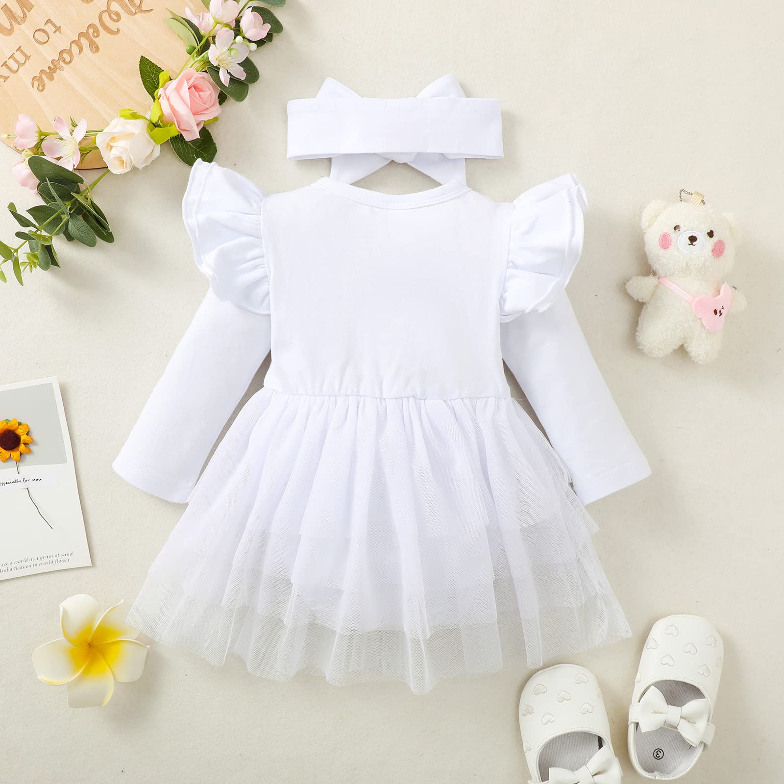 Baby Girl Clothes Infant Ruffle Sleeve Romper Dress Newborn Solid Tutu Skirt Sets Jumpsuit Headband Outfit (032B-White, 9-12 Months)