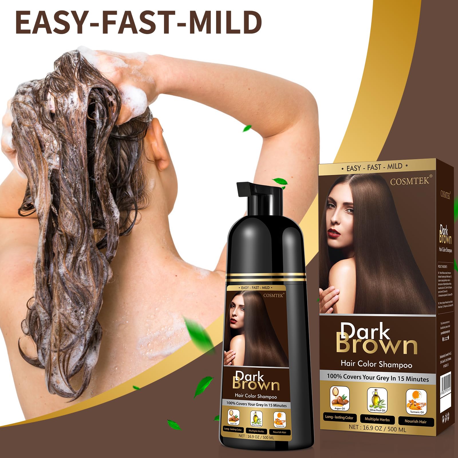 COSMTEK Dark Brown Hair Dye Shampoo for Gray Hair, Instant Natural Hair Dye Shampoo for Women & Man, 3-In-1 & Semi-Permanent, Herbal Ingredients & Ammonia-Free, Fast Acting and Long Lasting