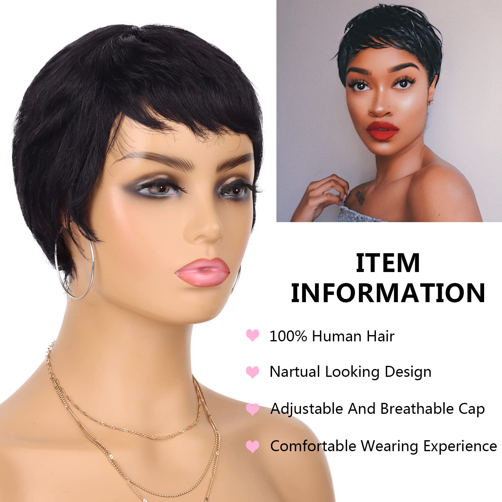 Guree Hair Glueless Wear and Go Wig Pixie Cut Human Hair Wigs for Black Women None Lace Front Wig Short Pixie Cut Layered Wigs with Bangs for Daily Wear (Black)