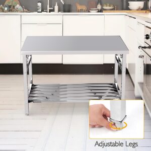 Stainless Steel Prep Table 48 x 24 Inch, NSF Commercial Heavy Duty Stainless Steel Folding Work Table with Undershelf, Stainless Steel Kitchen Island, Laundry Folding Table, Outdoor Cooking Table