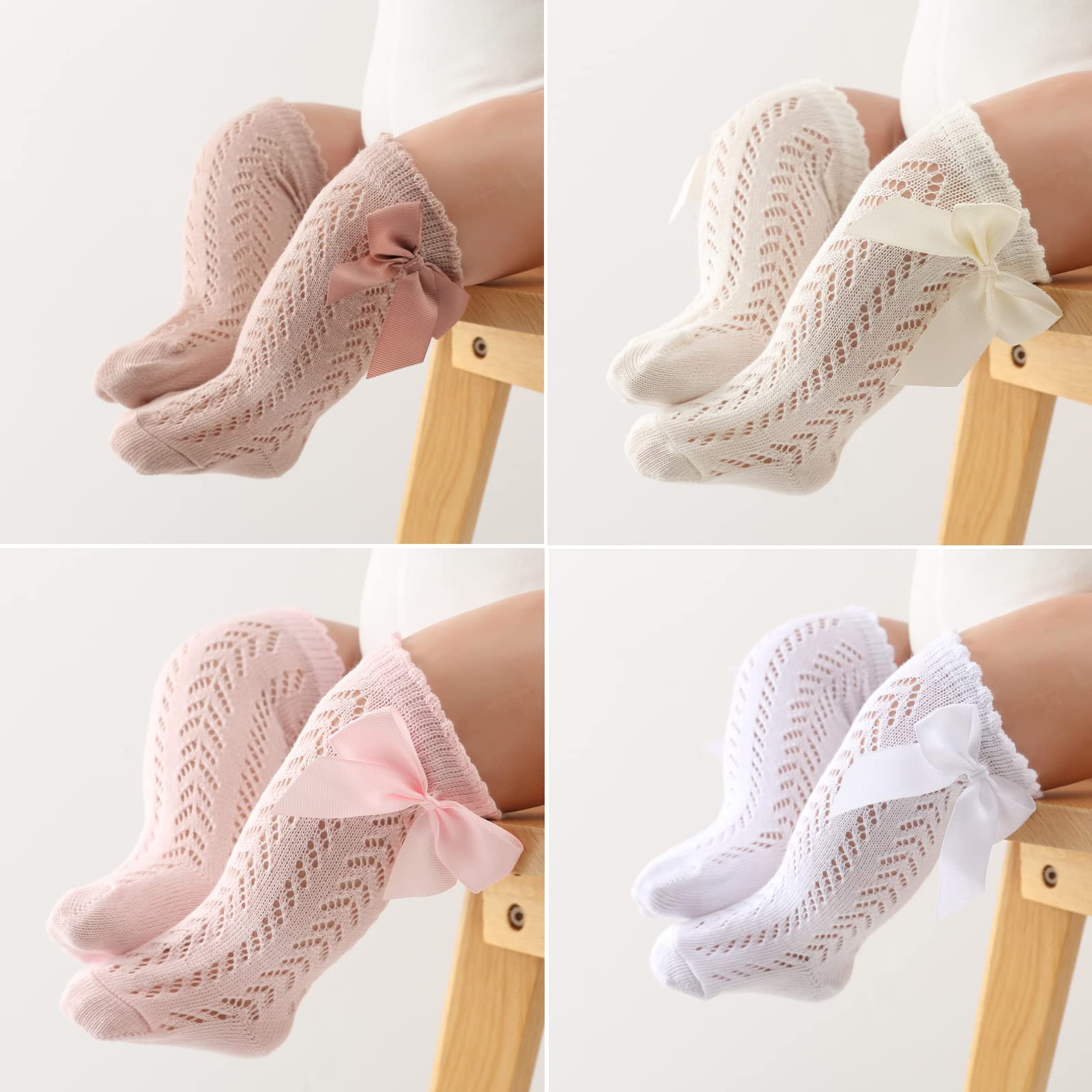 Taous Assam Baby Girls Knee High Socks Toddler Bow Mesh Long Stockings Infants Thin Socks For Spring Summer 5-Pack Mesh Size 0-12 Months