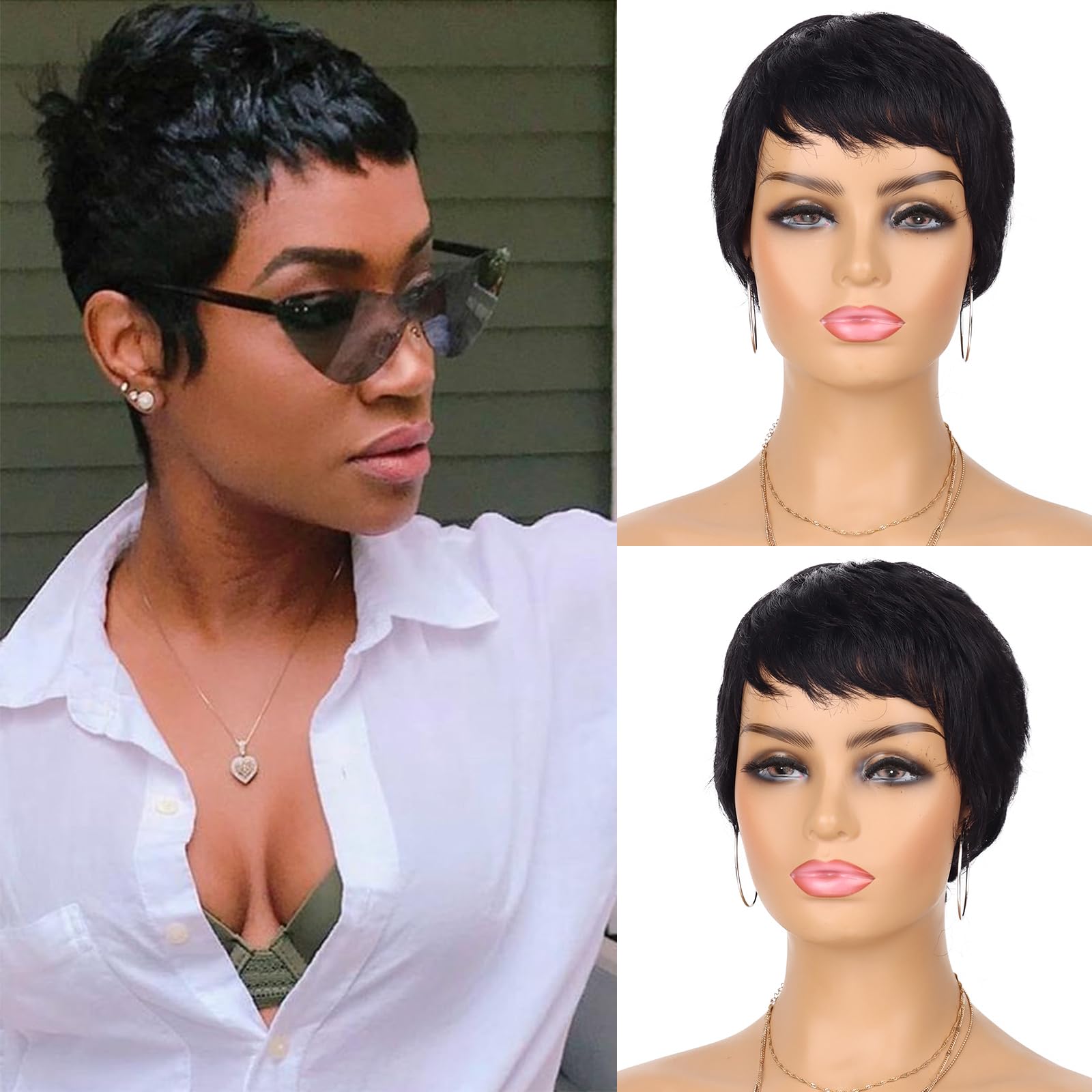 Guree Hair Glueless Wear and Go Wig Pixie Cut Human Hair Wigs for Black Women None Lace Front Wig Short Pixie Cut Layered Wigs with Bangs for Daily Wear (Black)