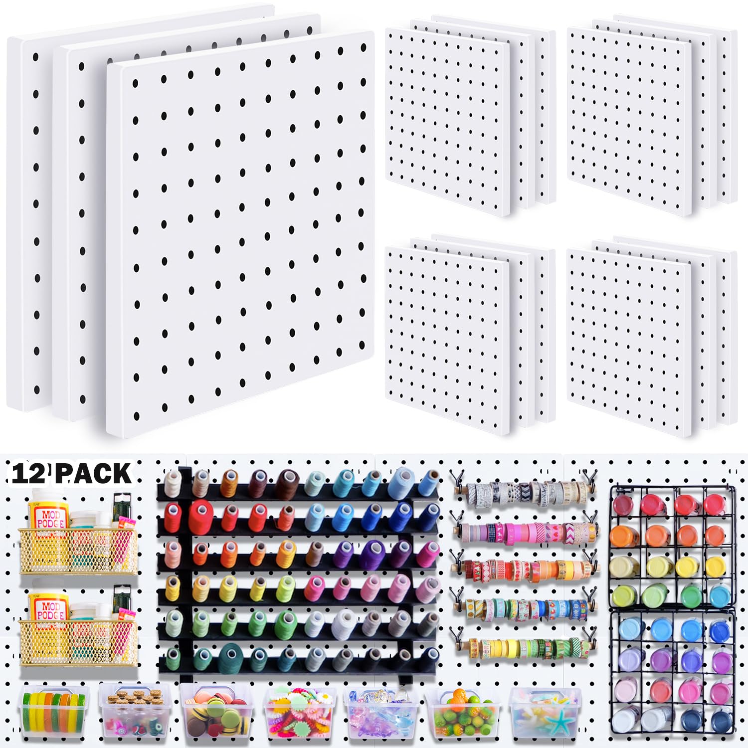 12Pcs Pegboard, Pegboard Wall Organizer, Peg Boards for Walls Craft Room, Pegboard Kits fit Garage Kitchen Workshop, Small Pegboard, Peg Board Organizer Accessories - White Pegboards Panels