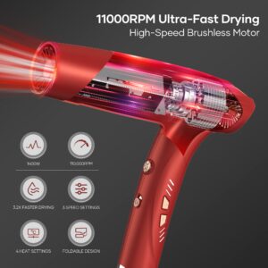 Hair Dryer, 110000 RPM Professional Positive and Negative Ionic Blow Dryer Brushless Motor for Fast Drying Low Noise, 3 Speed/4 Temperature with Magnetic Nozzle for Home, Travel, Salon