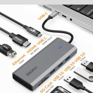 Docking Station - iDsonix 8 in 1 USB C Hub Aluminum Multiport Adapter with HDMI 4K@60Hz, PD 100W, 1Gigabit Ethernet, SD/TF Card Reader for MacBook Air/Pro iPad Dell/Hp Laptop and More