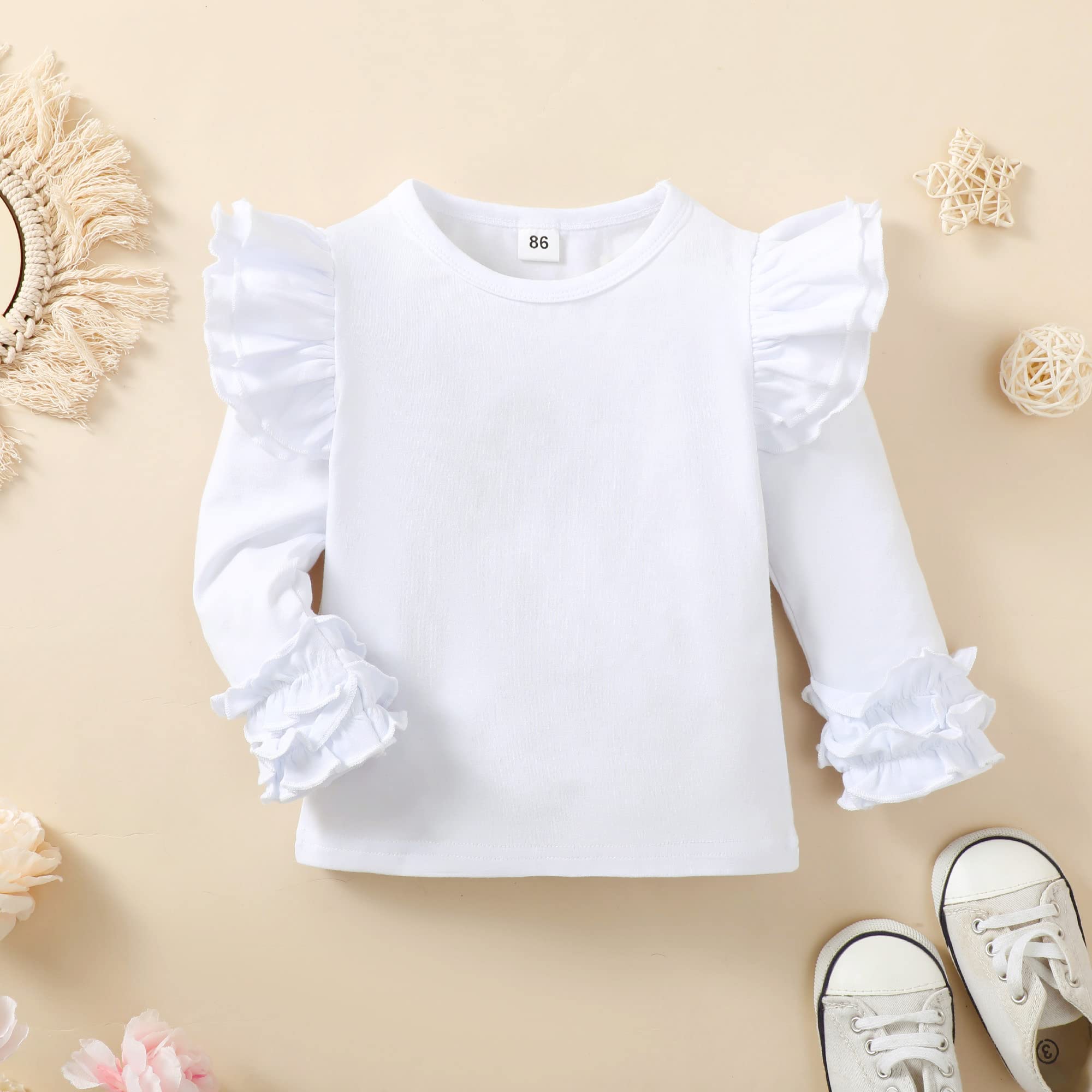 Toddler Baby Girl Solid Color T-Shirt Kids Blouse Plain Ruffle Sleeve Top Cotton Casual Clothes (033B-White, 4-5 Years)