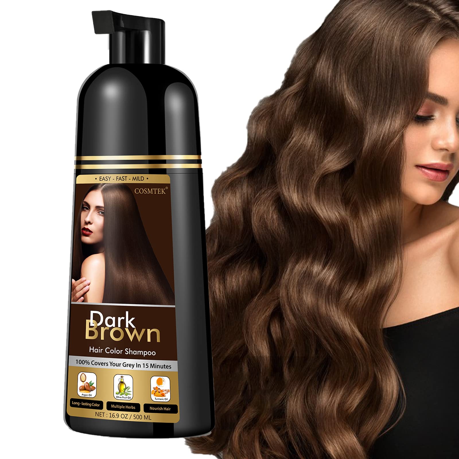 COSMTEK Dark Brown Hair Dye Shampoo for Gray Hair, Instant Natural Hair Dye Shampoo for Women & Man, 3-In-1 & Semi-Permanent, Herbal Ingredients & Ammonia-Free, Fast Acting and Long Lasting