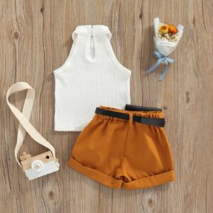 Toddler Girls Summer Outfits Sleeveless Rib Knit Halter Tops Shorts Bloomers Set Clothes (White, 3-4 Years)