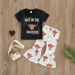 Toddler Kids Baby Girl Outfit Cow Print Short Sleeve T-Shirt Top+Cartoon Flared Pants Set Western Girls Clothes (A2- Black, 18-24 Months)