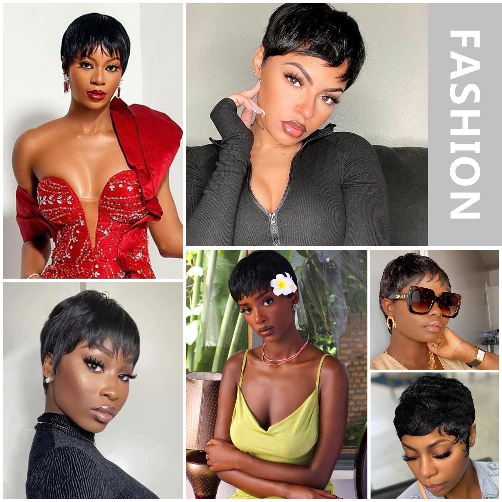 Guree Hair Glueless Wear and Go Wig Pixie Cut Human Hair Wigs for Black Women None Lace Front Wig Short Pixie Cut Layered Wigs with Bangs for Daily Wear (Black)