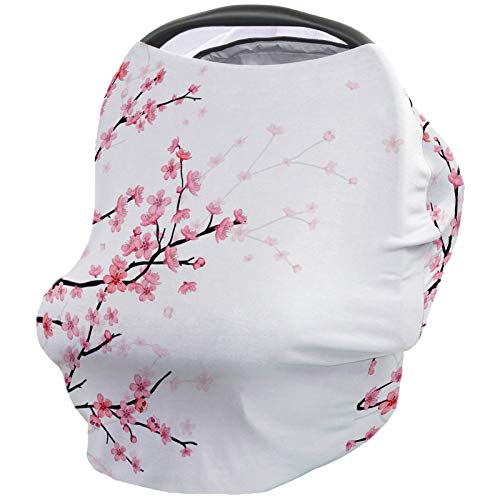 Baby Nursing Cover Carseat Canopy Spring Pink Cherry Blossom Flower Breathable Privacy Breastfeeding Scarf Nature Plant Floral Branch Multi Use Car Seat Covers for Boys or Girls