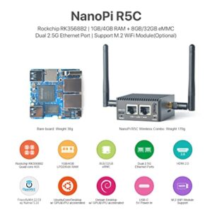 youyeetoo NanoPi R5C Mini Router with Metal Case, RK3568 Development Board, 4GB LPDDR4X 32GB eMMC, 0.8TOPS NPU, Support OpenWrt Docker, Two Ethernet Ports, M.2, HDMI 2.0 (Without M.2 Wi-Fi Module)