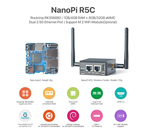 youyeetoo NanoPi R5C Mini Router with Metal Case, RK3568 Development Board, 4GB LPDDR4X 32GB eMMC, 0.8TOPS NPU, Support OpenWrt Docker, Two Ethernet Ports, M.2, HDMI 2.0 (with M.2 Wi-Fi Module)