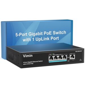 4 port gigabit poe switch with 1 uplink gigabit ports, vimin 5 port unmanaged ethernet poe switch with 72w power, support ieee802.3af/at, vlan, metal housing, desktop or wall-mount, plug & play