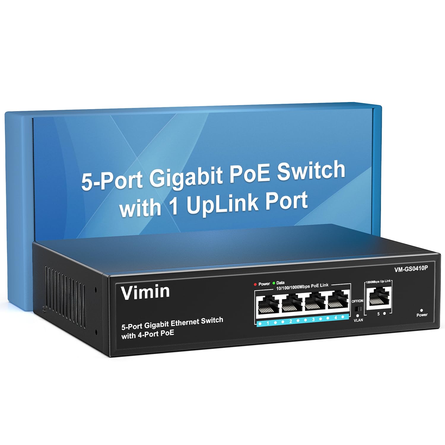 4 Port Gigabit PoE Switch with 1 Uplink Gigabit Ports, VIMIN 5 Port Unmanaged Ethernet PoE Switch with 72W Power, Support IEEE802.3af/at, VLAN, Metal Housing, Desktop or Wall-Mount, Plug & Play