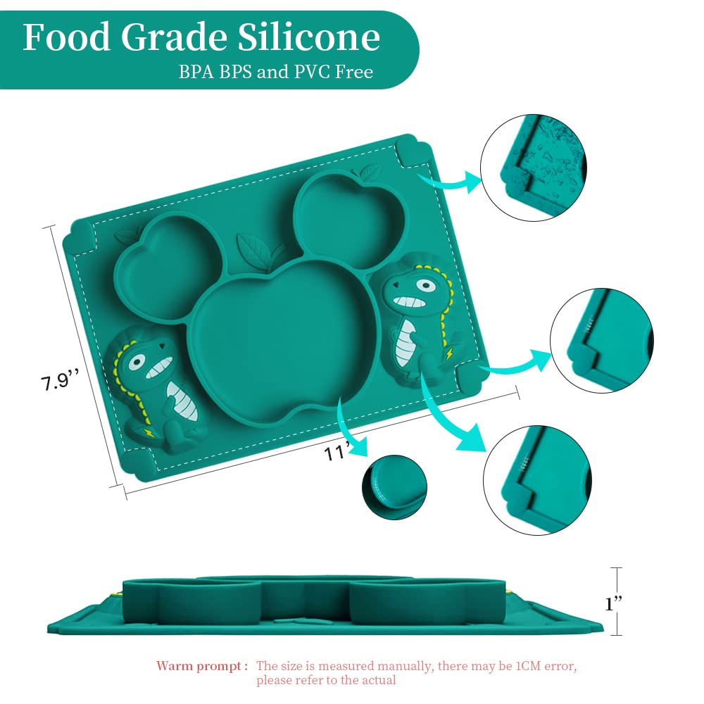 SFCCMM Toddler Baby Plates Silicone Divided Cartoon - Portable Non Slip Suction Toddler Plates for Children Baby and Kids Baby Dinnerware Eating Food Plates (Dinosaur Green)