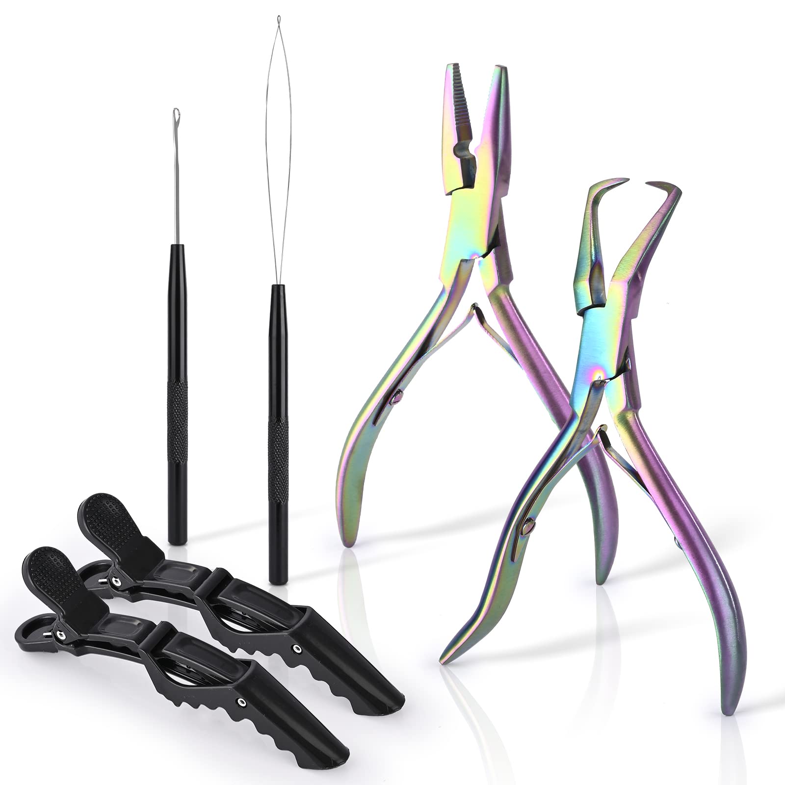 EHDIS Hair Extension Beading Tool Kit Stainless Steel Hair Extensions Micro link Bead Closer and Remover Pliers set, Beads Hair Pulling Hook & Micro Ring Loop Tool Set