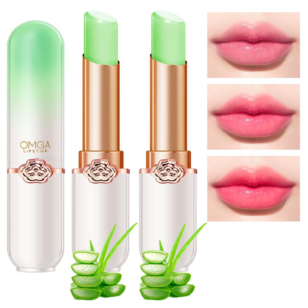 BINGBRUSH 2 Pcs Aloe Vera Color Changing Lipstick Queen,PH Mood Long Lasting Labiales Lip Gloss Lip Balm Tinted Magic Lip Stain Makeup Moisturize Lipstick Set for Women