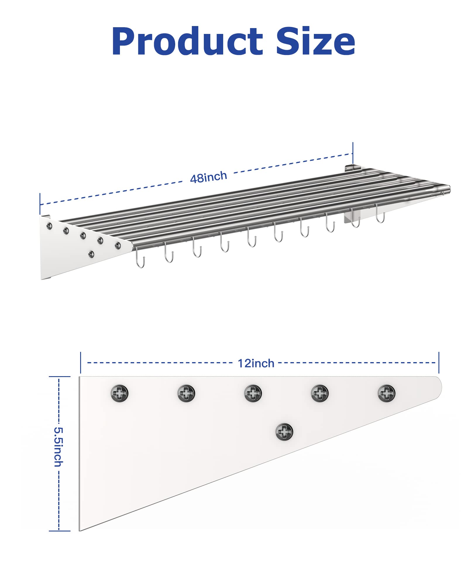 Stainless Steel Wall Mount Shelf 12 x 48 Inch, NSF Certified Shelf with Hooks, 185 lb Load Capacity Commercial Kitchen Rack Storage Shelves for Restaurant, Kitchen, Home & Hotel