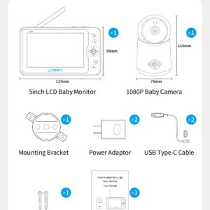 LONNKY Baby Monitor with Camera and Audio, 5" Color Display with 1080P Pan 355°/Tilt 65° Camera, 2-Way Audio, 16ft Night Vision, Temperature & Sound Alarm, Up to 1000ft Range, Support Playback