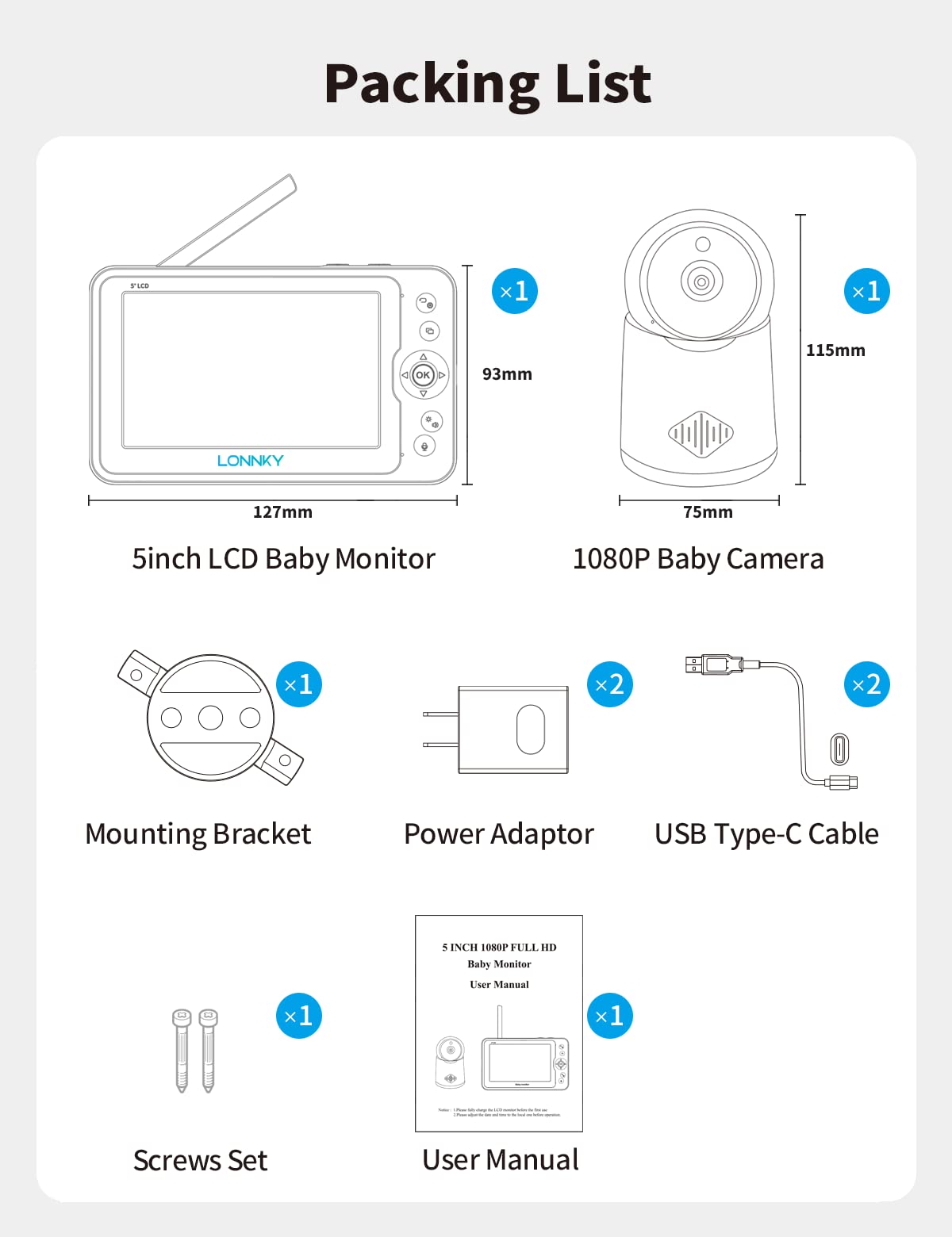 LONNKY Baby Monitor with Camera and Audio, 5" Color Display with 1080P Pan 355°/Tilt 65° Camera, 2-Way Audio, 16ft Night Vision, Temperature & Sound Alarm, Up to 1000ft Range, Support Playback