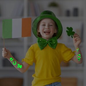 Cerlaza Glow St.Patricks Day Tattoos for Kids, Luminous St.Patricks Day Temporary Tattoos for Boys and Girls, Irish Shamrock Flag Hat Balloons Tattoo Stickers for Party Favors Supplies-10 Sheets