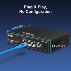 4 Port Gigabit PoE Switch with 1 Uplink Gigabit Ports, VIMIN 5 Port Unmanaged Ethernet PoE Switch with 72W Power, Support IEEE802.3af/at, VLAN, Metal Housing, Desktop or Wall-Mount, Plug & Play