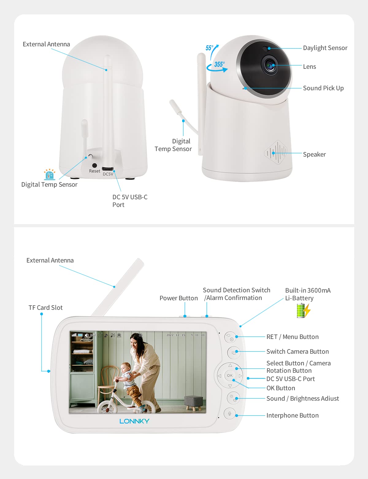 LONNKY Baby Monitor with Camera and Audio, 5" Color Display with 1080P Pan 355°/Tilt 65° Camera, 2-Way Audio, 16ft Night Vision, Temperature & Sound Alarm, Up to 1000ft Range, Support Playback