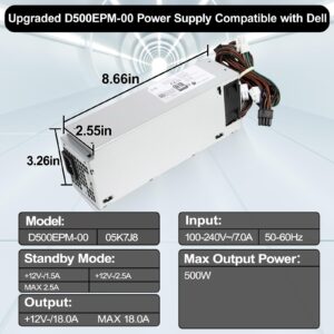 LXun Upgrad D500EPM-00 500W Power Supply Compatible with Dell Optiplex 7080MT 7070MT 7060MT 3050MT 3650 3670 5060 5090 G5-5090 3260 7080 XPS 8940MT 4FWF7 5K7J8 Y7R0X H500EPM-00 H460EBM-00 Power Supply