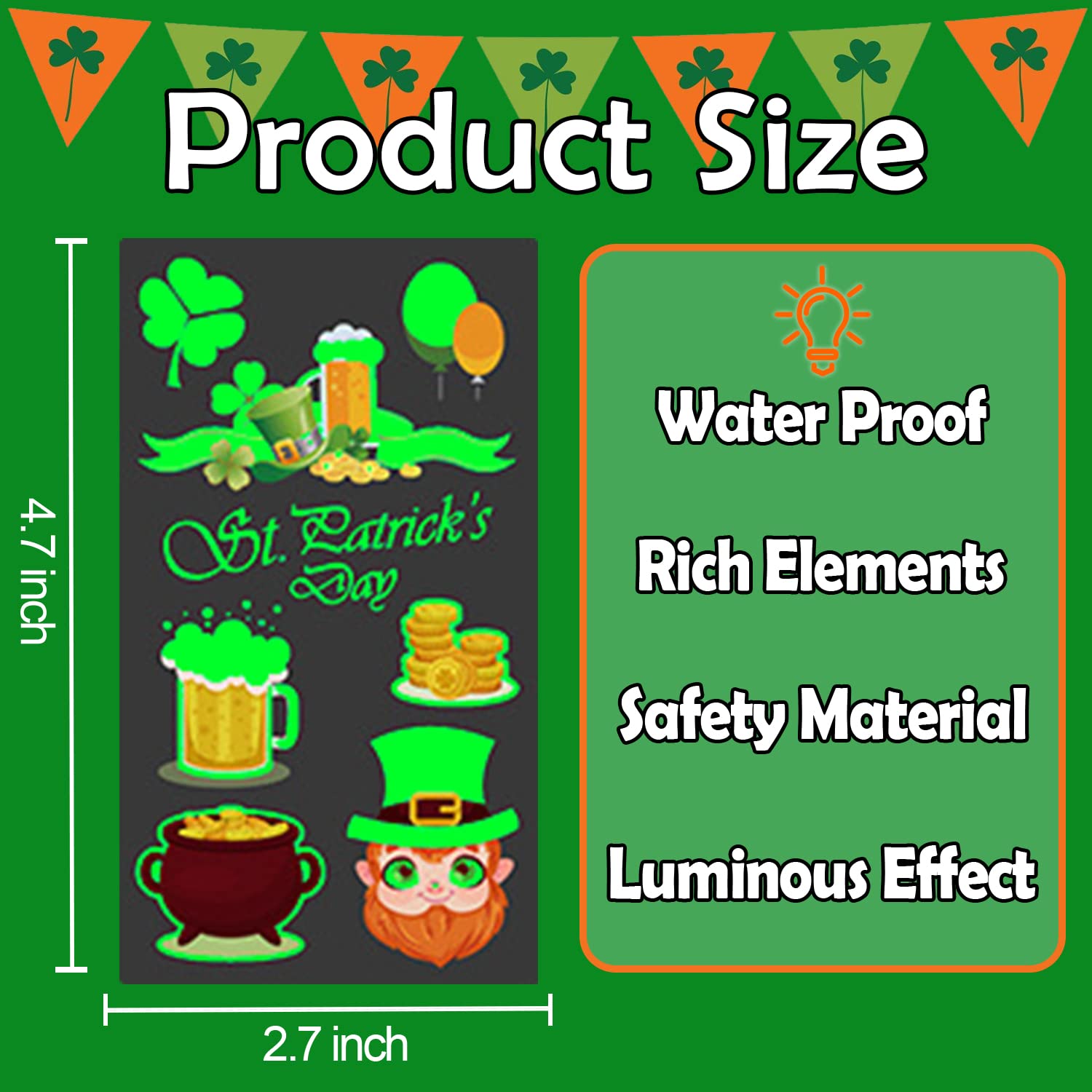 Cerlaza Glow St.Patricks Day Tattoos for Kids, Luminous St.Patricks Day Temporary Tattoos for Boys and Girls, Irish Shamrock Flag Hat Balloons Tattoo Stickers for Party Favors Supplies-10 Sheets