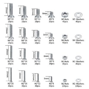 950 Pcs Flat Head Hex Socket Head Cap Screws Bolts and Nuts and Washers Assortment Kit, M2/M3/M4/M5 Allen Socket Drive Stainless Steel Bolts Nuts Washers Set