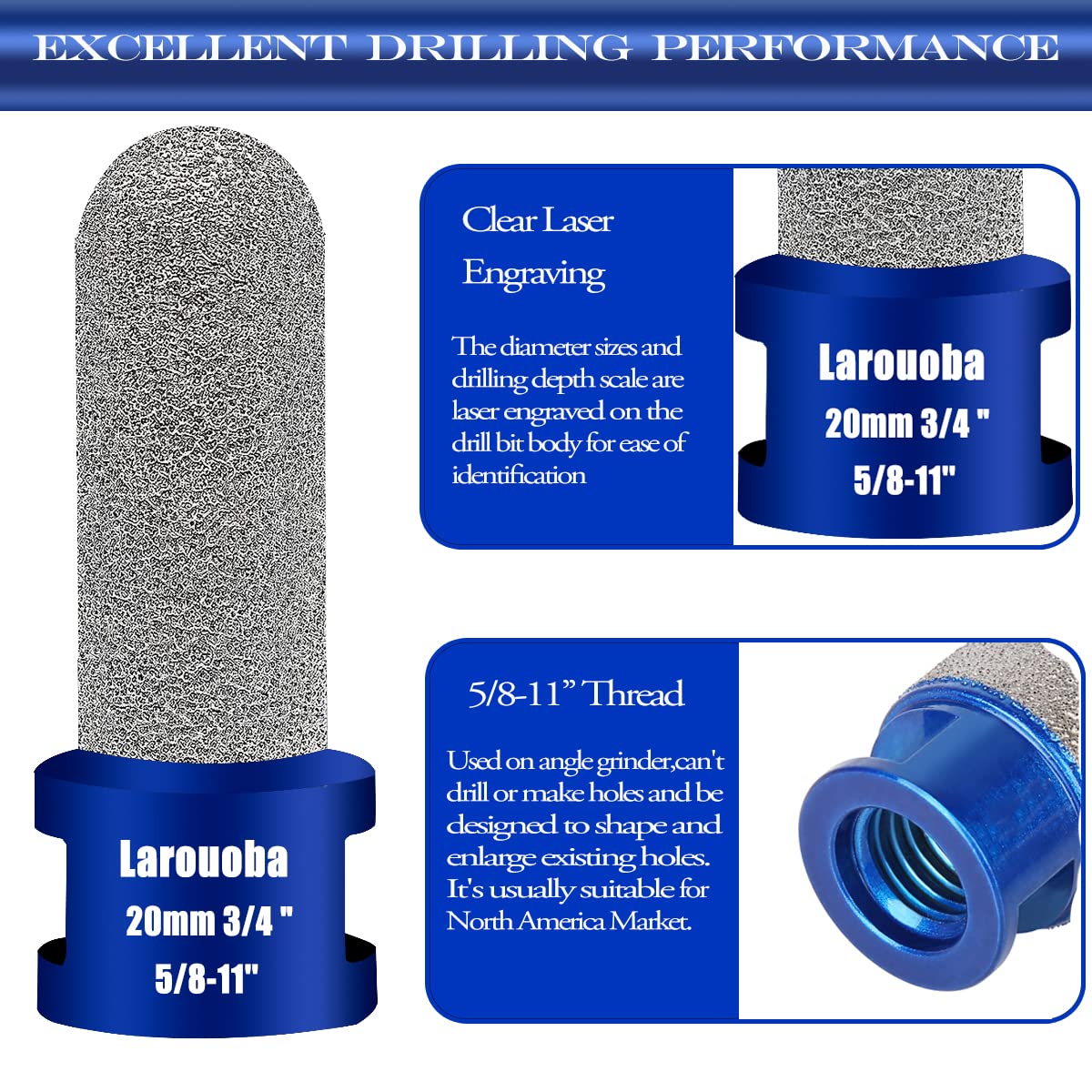 Larouoba Diamond Finger Milling Bits, 117 Inch 30mm Dry Core Drill Bit for Enlarging Shaping Existing Holes of Porcelain Tile Ceramic Marble Granite Countertop Diamond Hole Saw with 5811 Thread