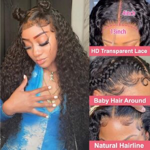 Water Wave Lace Front Wigs Human Hair Wigs for Black Women 13x4 Lace Front Wigs Human Hair Pre Plucked with Baby Hair Wet and Wavy HD Lace Frontal Wigs 180% Density Natural Color 28inch