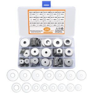 230 pcs stainless steel large fender washers, 15 sizes flat penny washers assortment kit for car ship assembly, furniture installation, electrical connections, diy project (230)