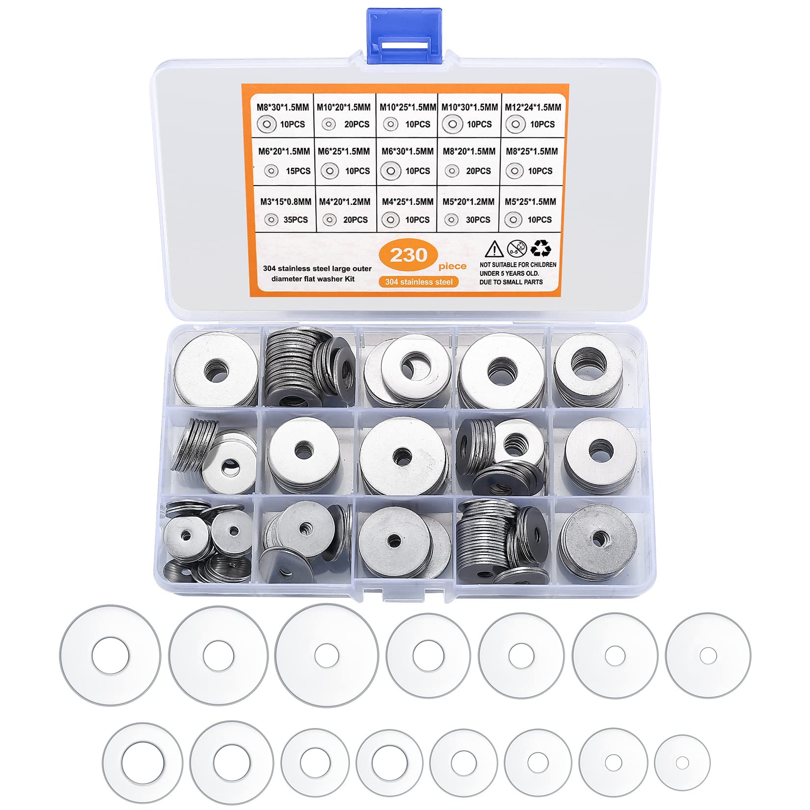 230 Pcs Stainless Steel Large Fender Washers, 15 Sizes Flat Penny Washers Assortment Kit for Car Ship Assembly, Furniture Installation, Electrical Connections, DIY Project (230)