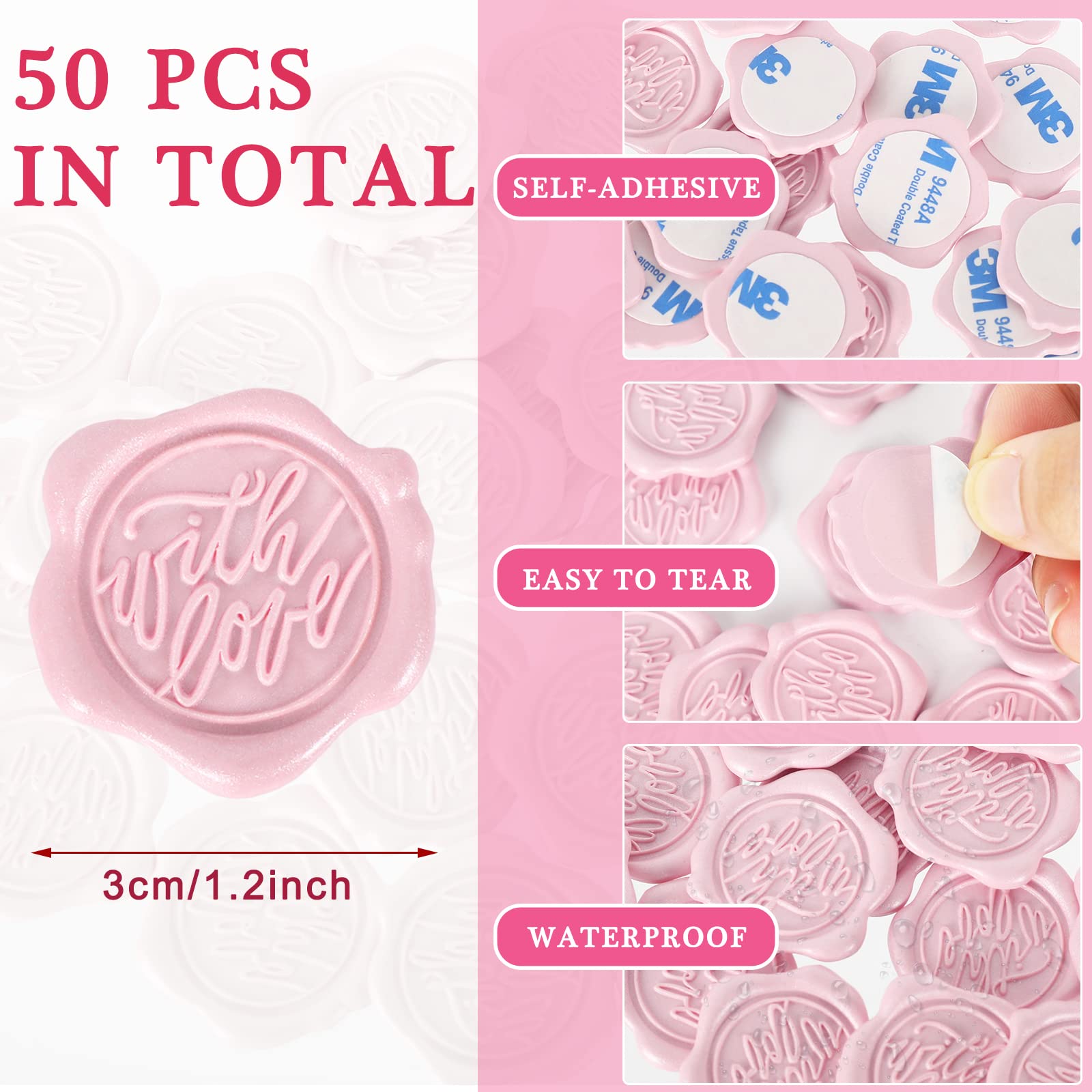 Whaline 50Pcs Wax Seal Stickers with Love Sign Pink Embossed Stickers Self-Adhesive Envelope Seal Stamp for Wedding Anniversary Bridal Shower Invitation Cards Snail Mails Gift Decor