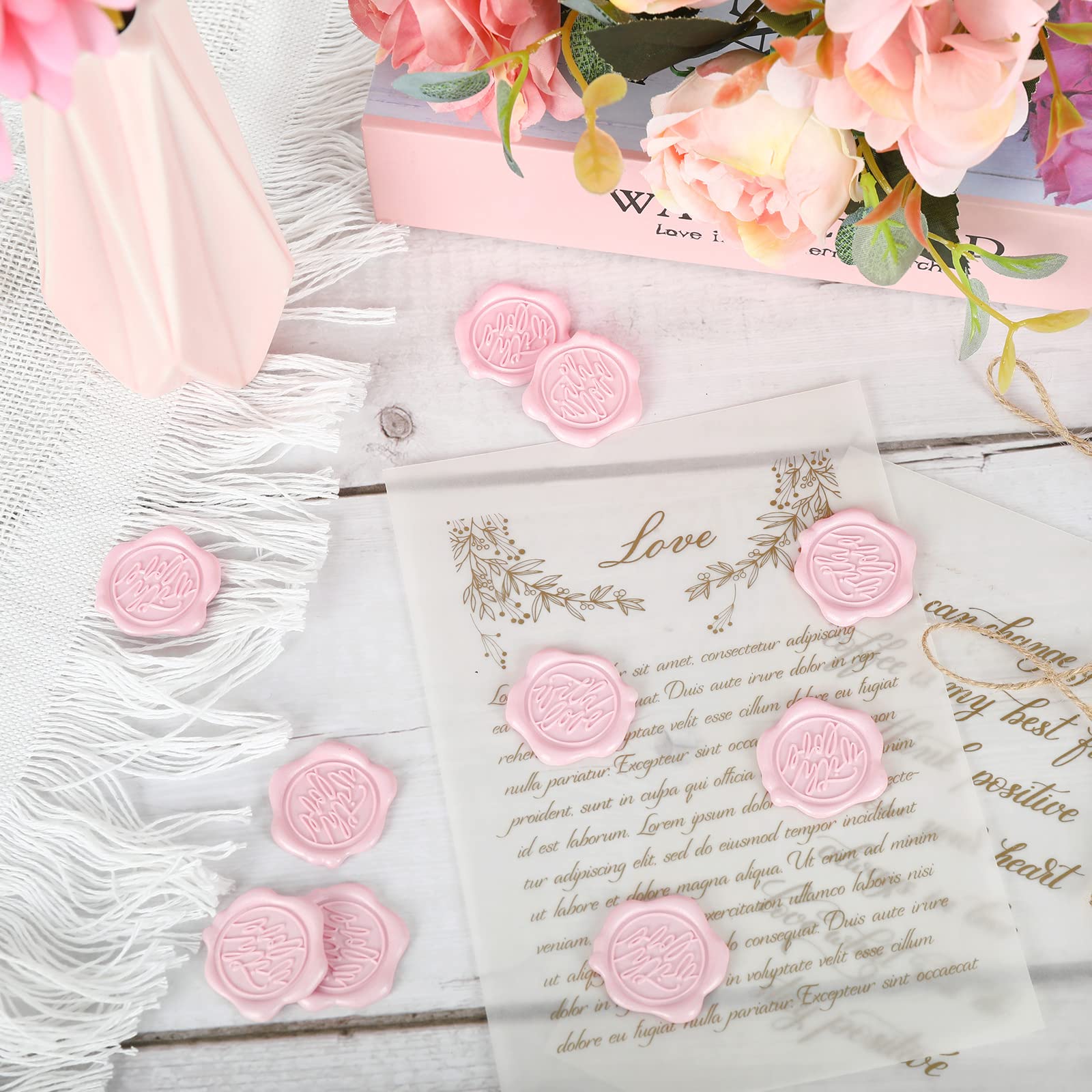 Whaline 50Pcs Wax Seal Stickers with Love Sign Pink Embossed Stickers Self-Adhesive Envelope Seal Stamp for Wedding Anniversary Bridal Shower Invitation Cards Snail Mails Gift Decor