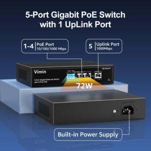 4 Port Gigabit PoE Switch with 1 Uplink Gigabit Ports, VIMIN 5 Port Unmanaged Ethernet PoE Switch with 72W Power, Support IEEE802.3af/at, VLAN, Metal Housing, Desktop or Wall-Mount, Plug & Play