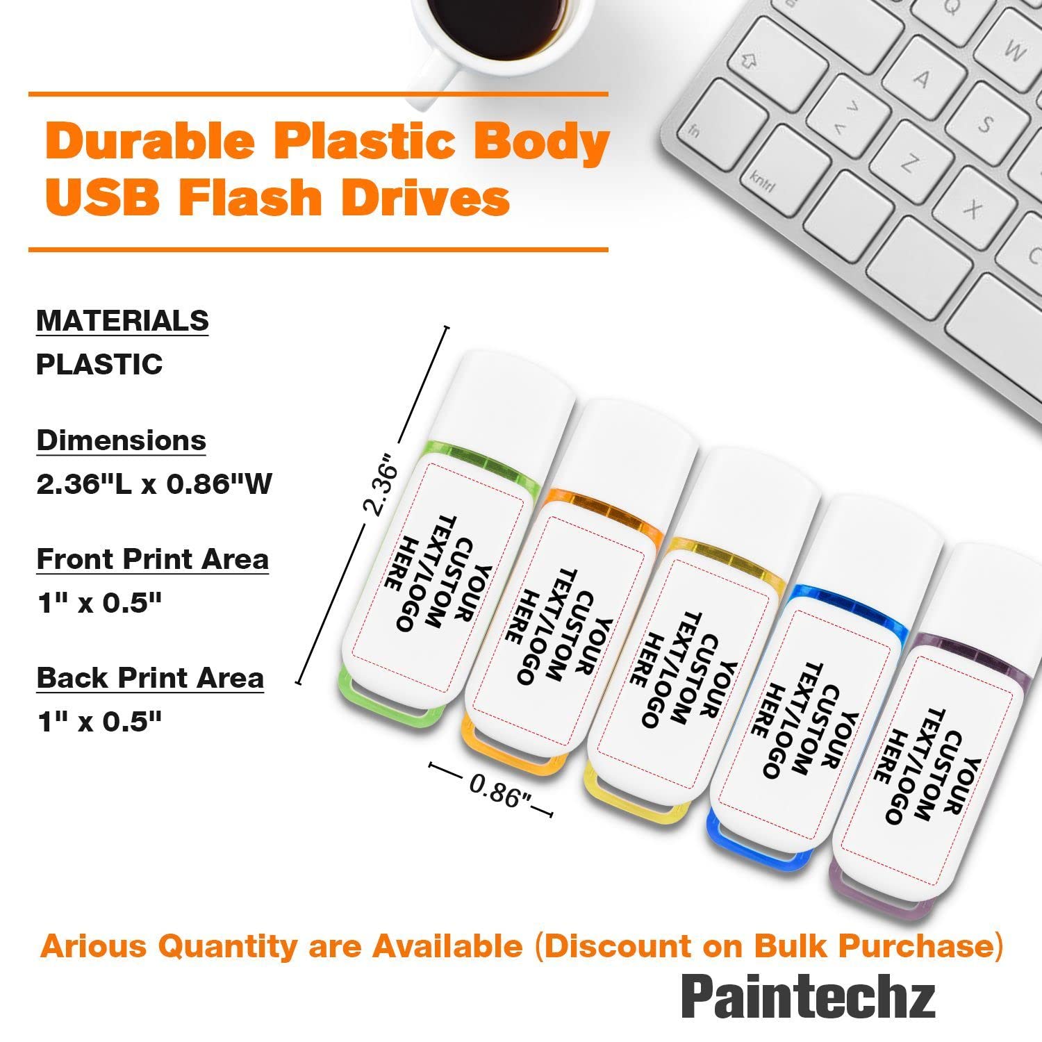 Paintechz Custom USB Flash Drives Bulk 50 Pack, Personalized Thumb Drives with Your Company Logo - Customizable Text - 512MB