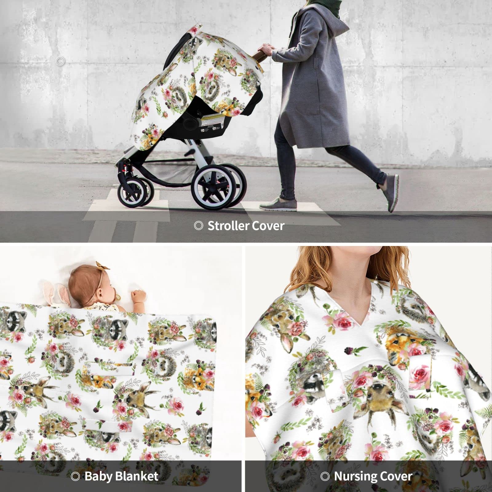 KiuLoam Woodland Wild Nature Animal Print Baby Car Seat Canopy, Nursing Cover for Mom Breastfeeding Scarf, Infant Car Seat Cover/Multiuse Baby Stroller Covers for Babies Boys Girls