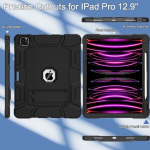 Rantice iPad Pro 12.9 Case 6th/5th Generation with Apple Pencil Holder, Hybrid Shockproof Rugged Drop Protection Cover with Kickstand for iPad Pro 12.9'' 2022/2021 Released (Black)