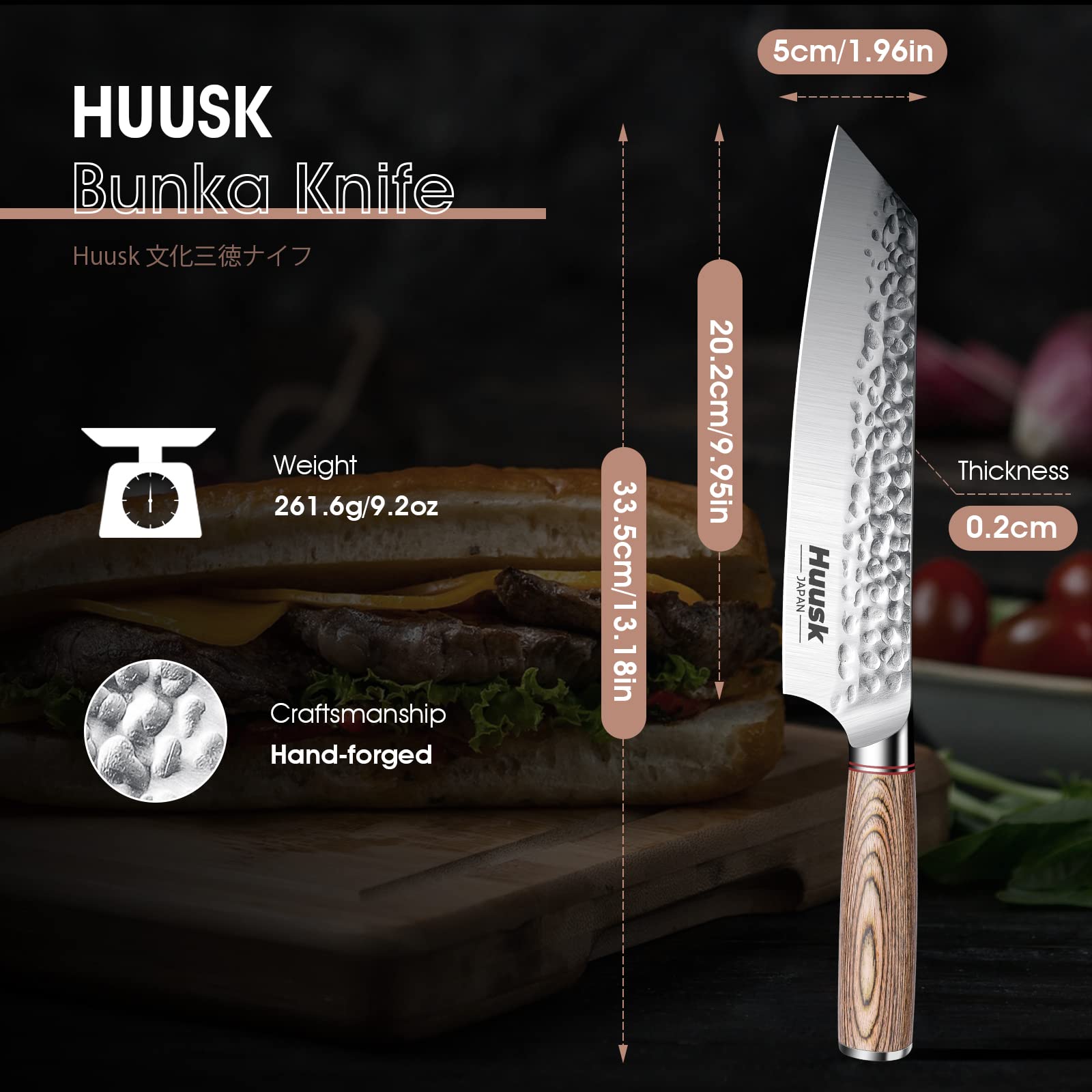 Huusk Japan Knife, 8 Inch Kiritsuke Chef Knife Professional, High Carbon Steel Japanese Hand Forged Sushi Fish Knife Father's Day Christmas Gift Men Women, Ergonomic Pakkawood Handle