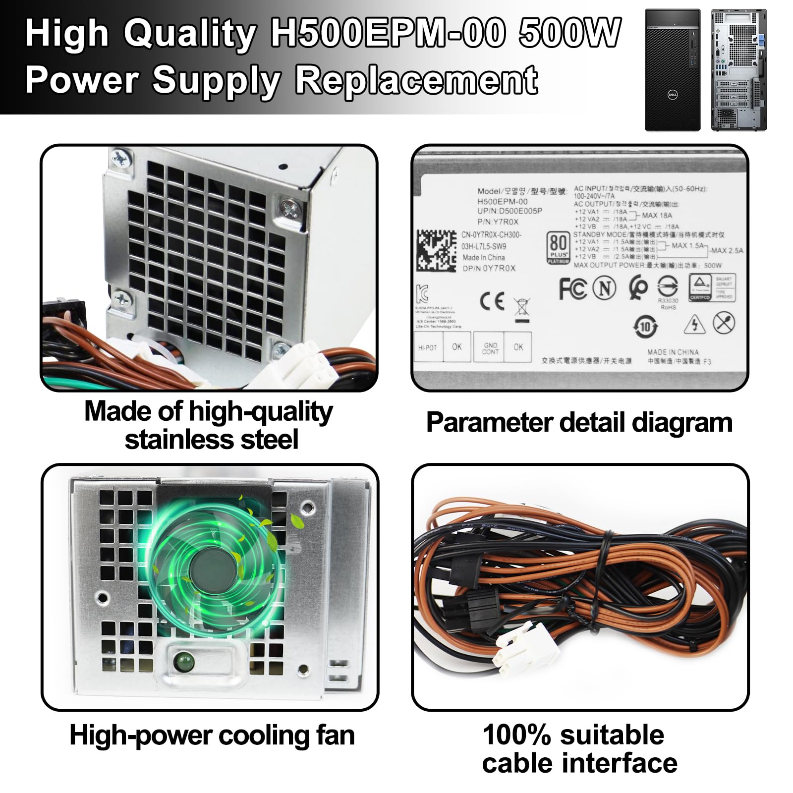 LXun Upgrad D500EPM-00 500W Power Supply Compatible with Dell Optiplex 7080MT 7070MT 7060MT 3050MT 3650 3670 5060 5090 G5-5090 3260 7080 XPS 8940MT 4FWF7 5K7J8 Y7R0X H500EPM-00 H460EBM-00 Power Supply