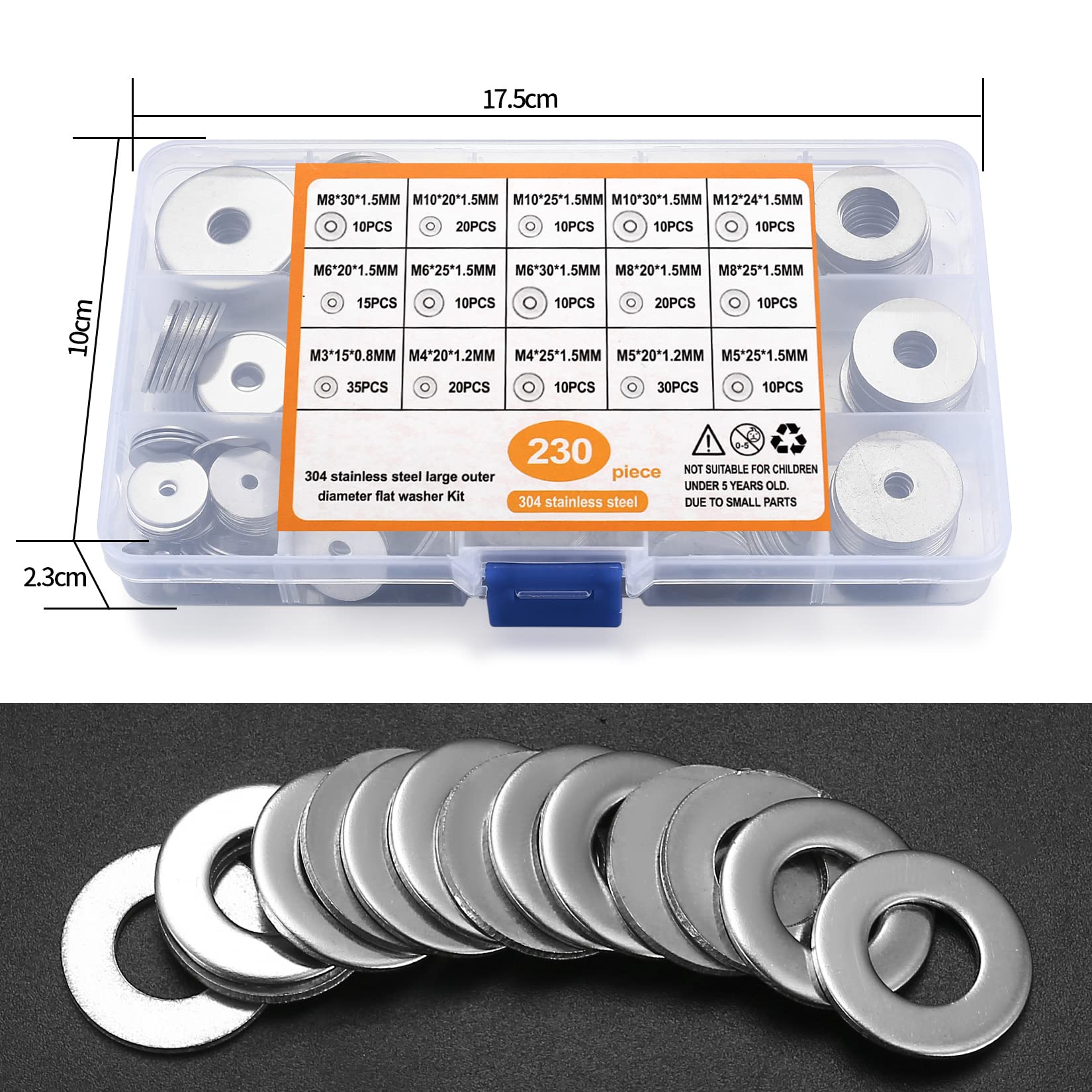 230 Pcs Stainless Steel Large Fender Washers, 15 Sizes Flat Penny Washers Assortment Kit for Car Ship Assembly, Furniture Installation, Electrical Connections, DIY Project (230)