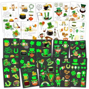 cerlaza glow st.patricks day tattoos for kids, luminous st.patricks day temporary tattoos for boys and girls, irish shamrock flag hat balloons tattoo stickers for party favors supplies-10 sheets