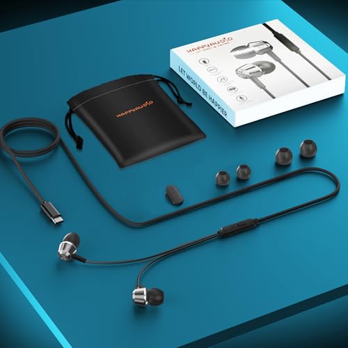 HAPPYAUDIO USB C Headphones Compatible with Most Devices On The Market with Type C - Hi-Fi Stereo Wired Earphones