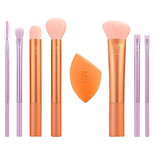 Real Techniques 8 Piece Level Up Brush And Sponge Set, Makeup Brushes For Eyeshadow, Foundation, Blush, & Bronzer, Makeup Blending Sponge, Synthetic Bristles, Stocking Stuffer, Cruelty-Free