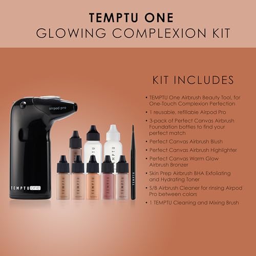 TEMPTU One Airbrush Make-up Kit for Complexion Perfection with Cordless Compressor, Light/Medium: 11-Piece Set, Portable Air Brush Machine, 3 Shades of Foundation, Blush, Bronzer, Instant Concealer