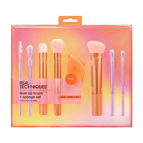 Real Techniques 8 Piece Level Up Brush And Sponge Set, Makeup Brushes For Eyeshadow, Foundation, Blush, & Bronzer, Makeup Blending Sponge, Synthetic Bristles, Stocking Stuffer, Cruelty-Free