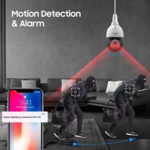 INQMEGA 3MP Light Bulb Camera, 2.4GHz Wireless Home Security Camera, Motion Detection & Tracking Alarm, 2-Way Audio, Enhanced Night Vision, 360° View PTZ Large Lightbulb Camera Indoors/Outdoors